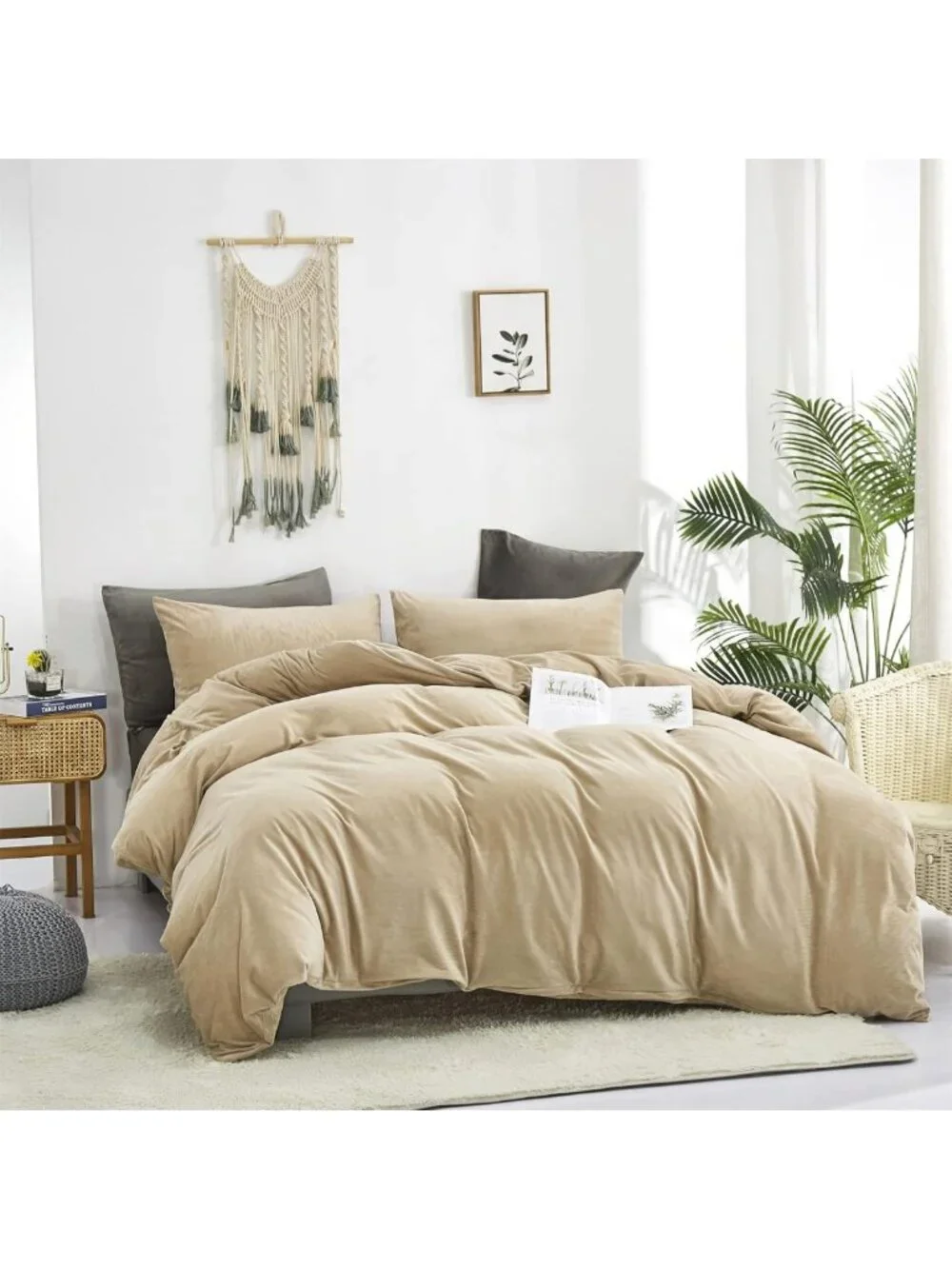 Cozy Cream Velvet King Comforter Set - Heavyweight Flannel Bedding in Beige